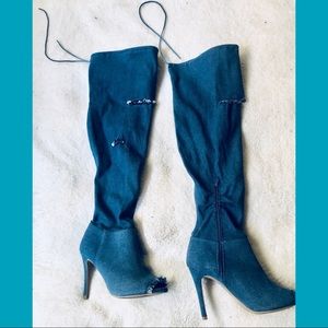 Distressed Denim Thigh High Boots (Rue 21)